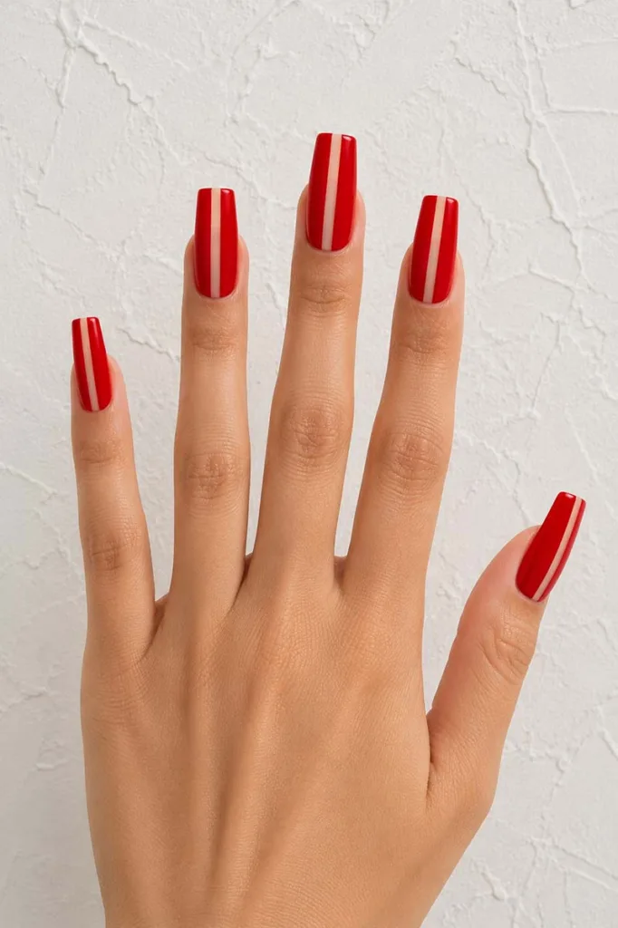 Close-up portrait of long square nails painted vivid red with a thin vertical negative space stripe down the center against an off-white textured wall with clean graphic styling.