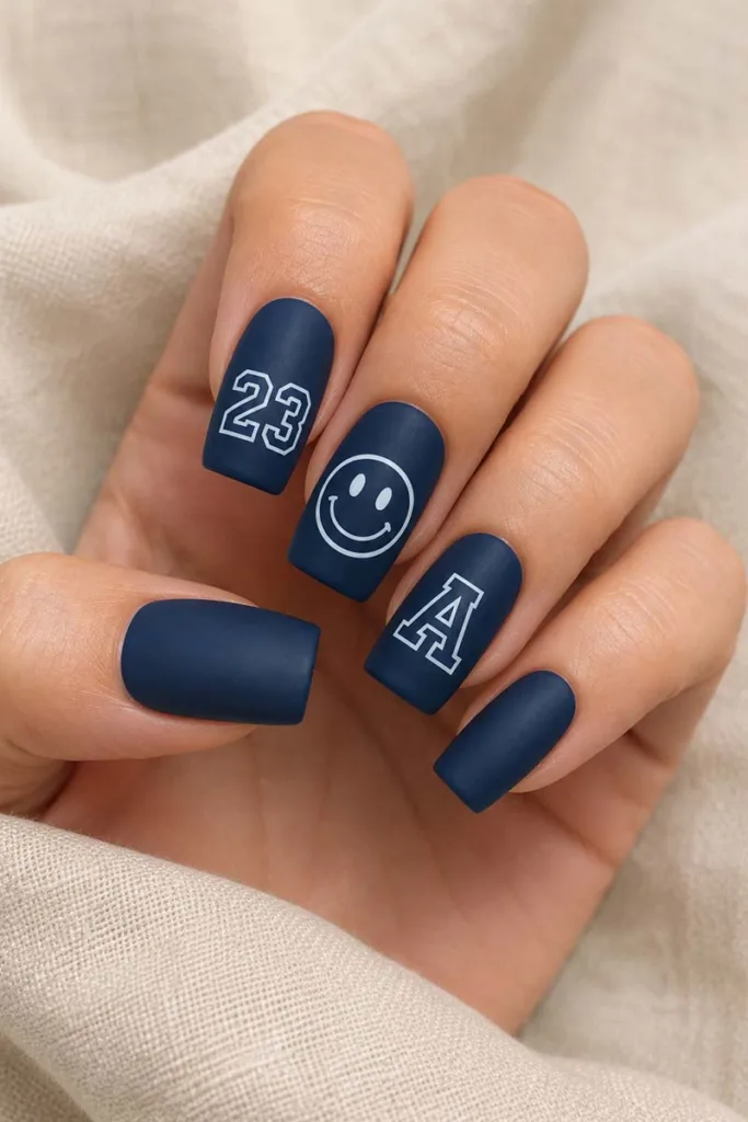 Close-up portrait of navy blue square-shaped nails with varsity number and letter nail art plus a white smiley face accent on a matte manicure against a cream linen background.