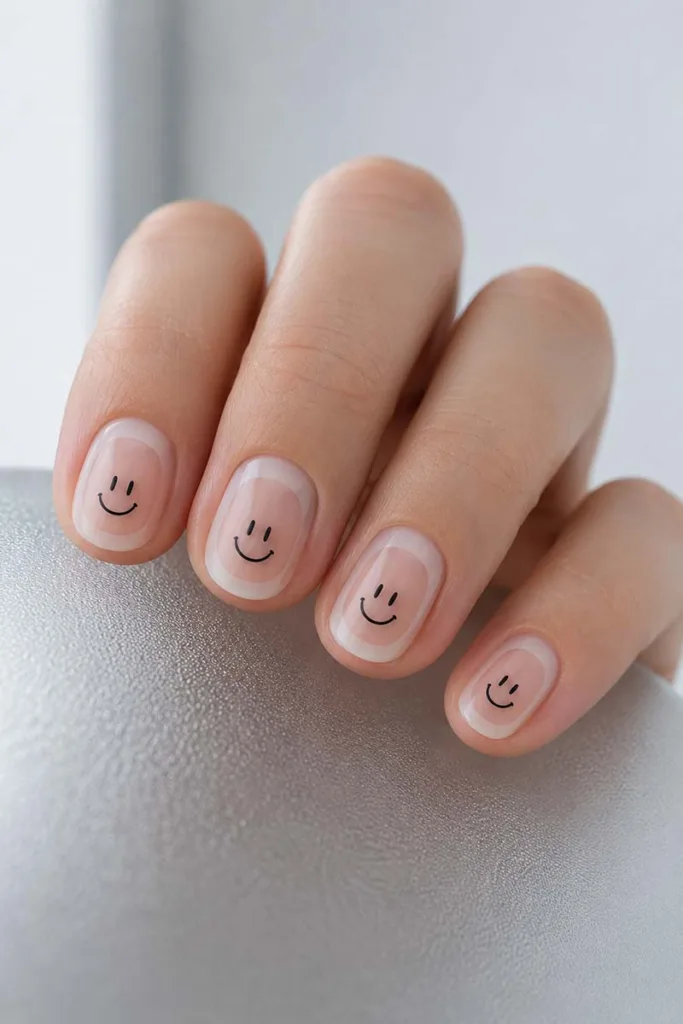 Close-up portrait of short oval smiley face nails with negative space nail art, matte finish, and minimalist black smiley designs resting on a frosted glass surface.