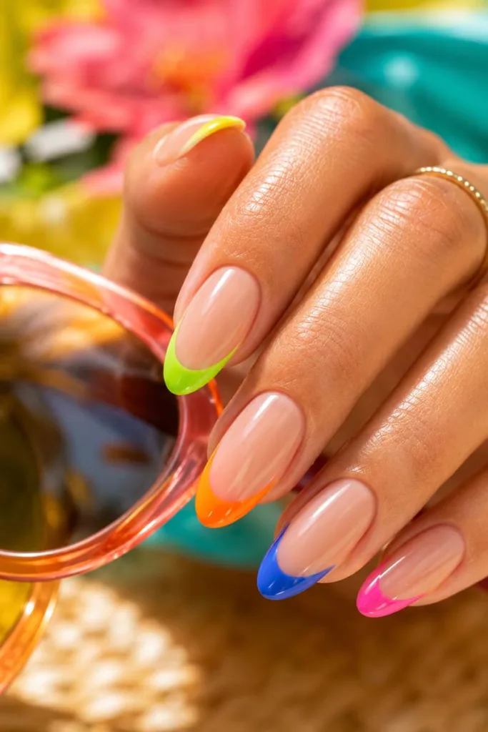 Bright portrait beauty shot of nude almond nails with neon French tips in lime green, orange, cobalt blue, and pink for summer nail design ideas 2026.