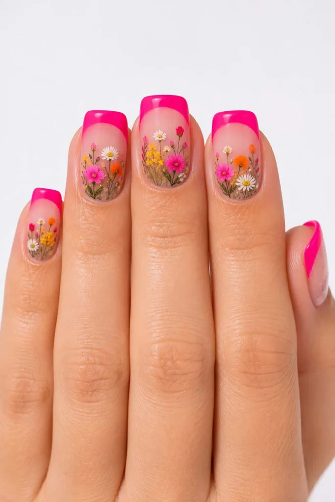 Square neon pink French tip nails with stamped multicolor wildflower designs in pink orange white and yellow on a clear base