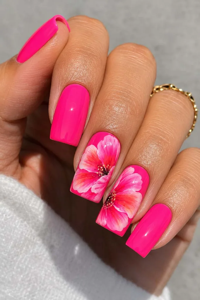 Square neon pink gel nails with an oversized hand-painted maxi bloom flower in hot pink coral and white across the accent nails