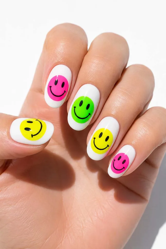 Close-up portrait of white oval nails with neon yellow, neon pink, and neon green smiley face nail art under bright natural daylight with glossy finish.