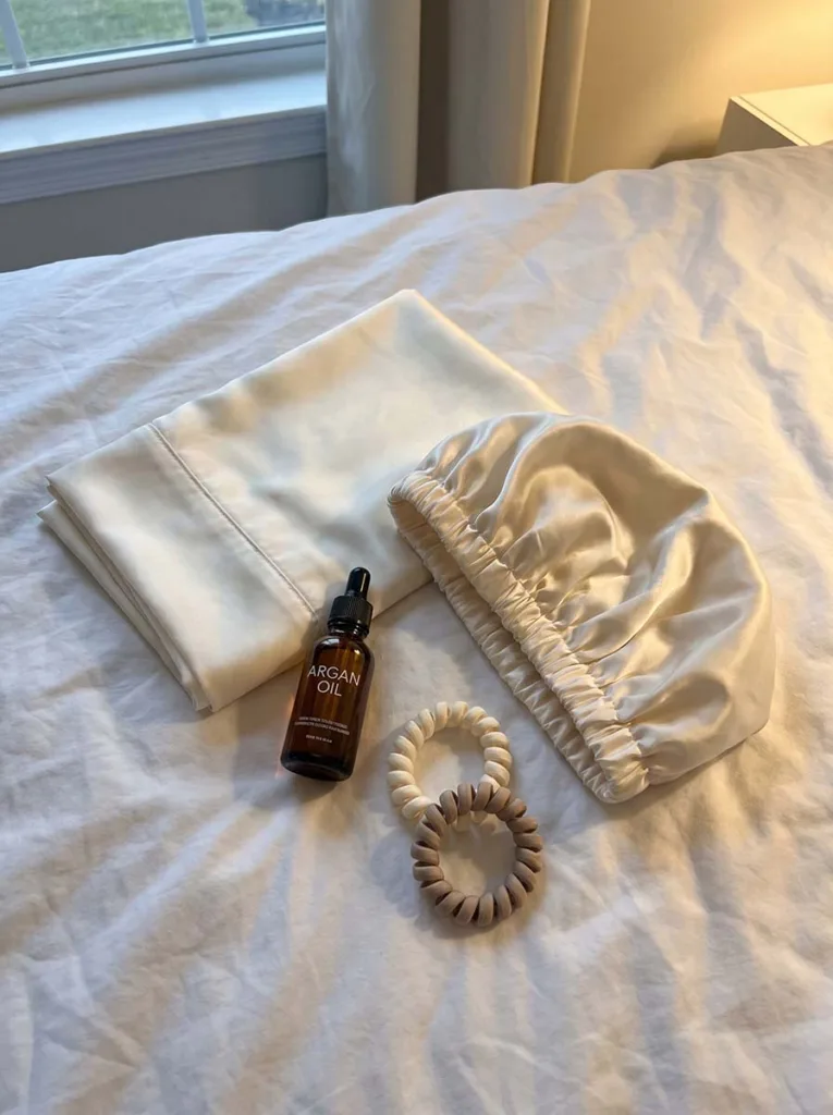 A flat lay on a soft white bed sheet showing a folded ivory satin pillowcase, a satin hair bonnet, a small argan oil bottle, and two gentle spiral hair ties arranged close together. Soft warm lamp light mixed with fading natural evening light. Clean, calm, and restful feel.