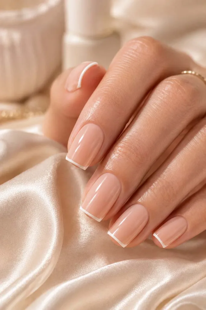 Refined portrait close-up of soft square nude peach nails with ultra-thin white micro French tips on creamy beige silk for summer nail design ideas 2026.