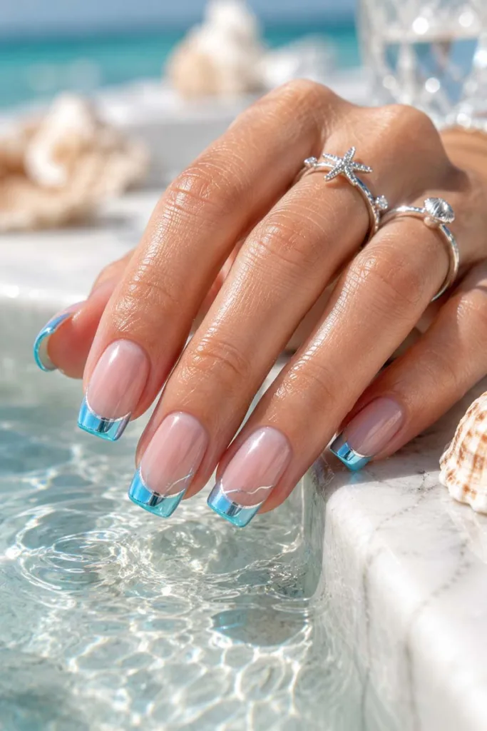 Portrait beauty shot of glossy aqua blue chrome French tip nails on medium square nails with nude pink base beside reflective water for summer nail design ideas 2026.