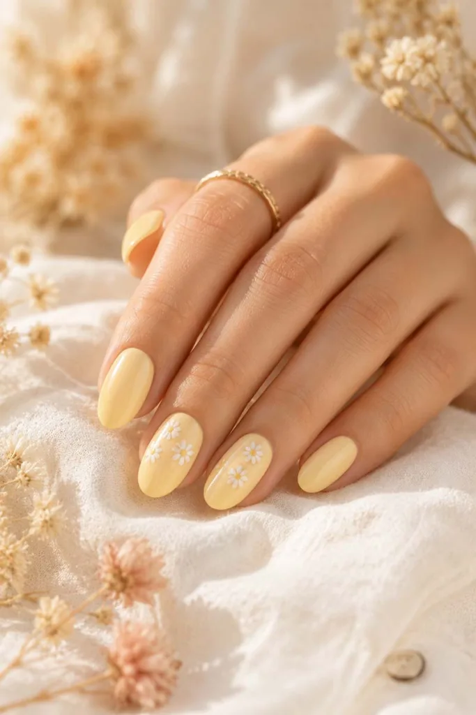 Soft portrait of pale butter yellow oval nails with tiny white daisy accents resting on ivory fabric surrounded by dried flowers in warm natural light.