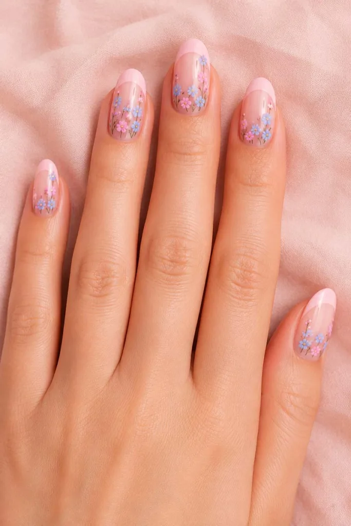 Oval pastel ballet pink French tip nails with tiny hand-painted forget-me-not flowers in pale blue and pink on each nail