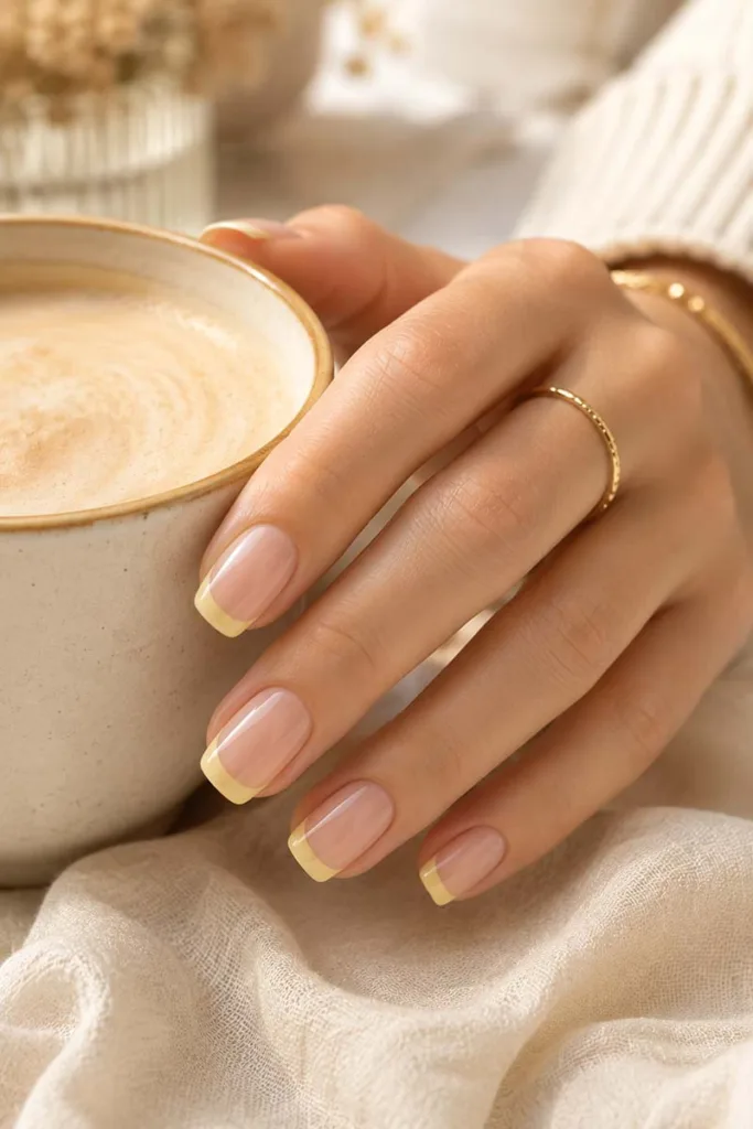 Close-up portrait of short soft square nails with pastel yellow French tips over a sheer nude pink base while holding a vanilla latte in warm minimalist lighting.