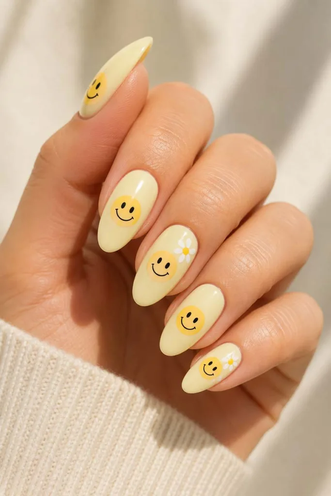 Close-up portrait of pastel yellow smiley face nails with tiny white daisy nail art on almond-shaped glossy nails against a soft cream background.