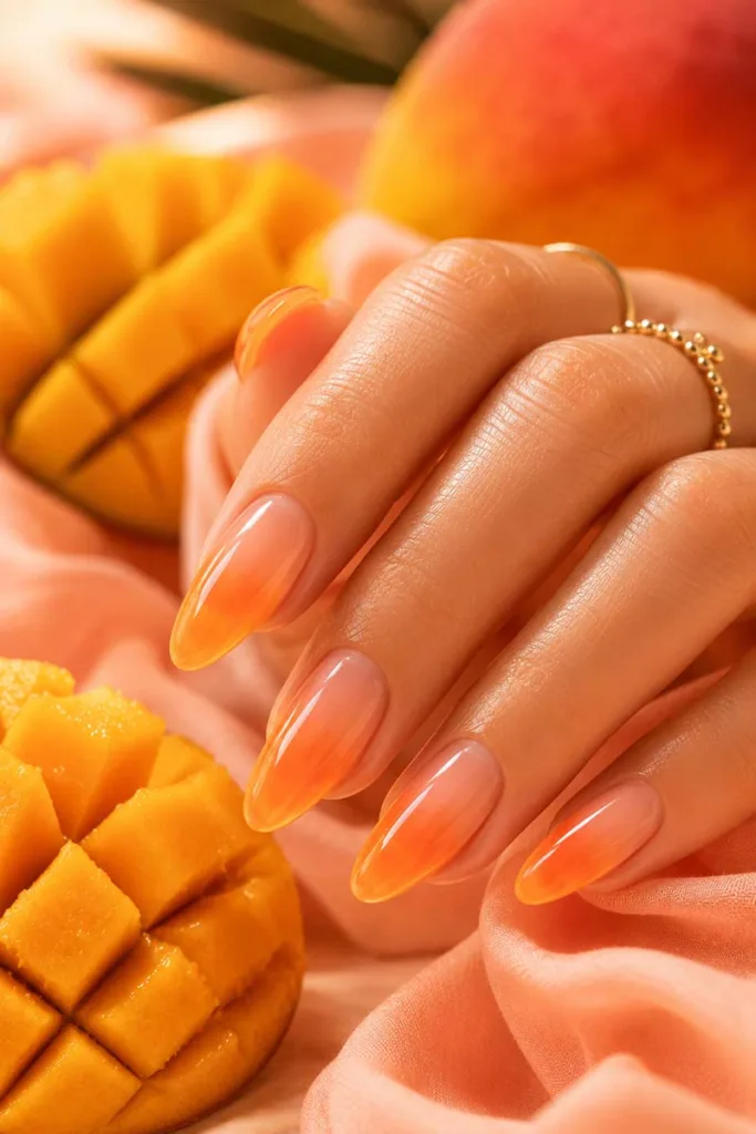 Portrait close-up of glossy peach-to-orange ombre almond nails beside sliced mangoes with tropical sunlight for summer nail design ideas 2026.