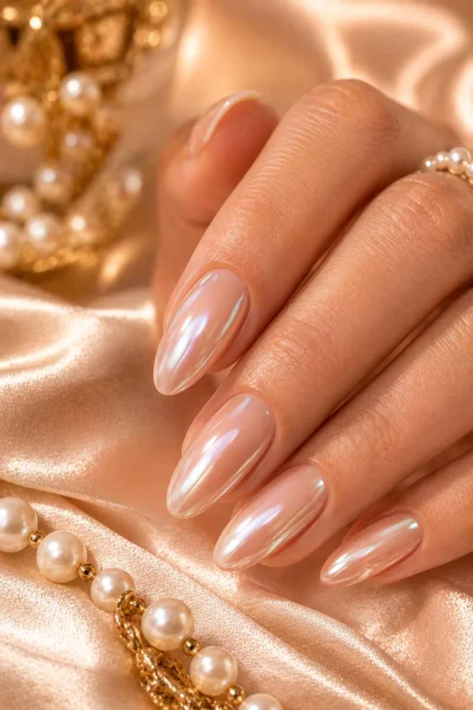 Luxurious portrait beauty shot of glossy beige-pink almond nails with pearl chrome overlay beside pearl jewelry for summer nail design ideas 2026.