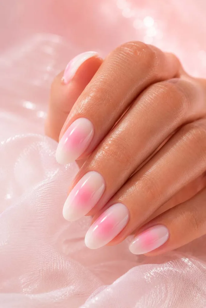 Dreamy portrait close-up of glossy almond nails with soft milky white polish and glowing pink aura centers for summer nail design ideas 2026.