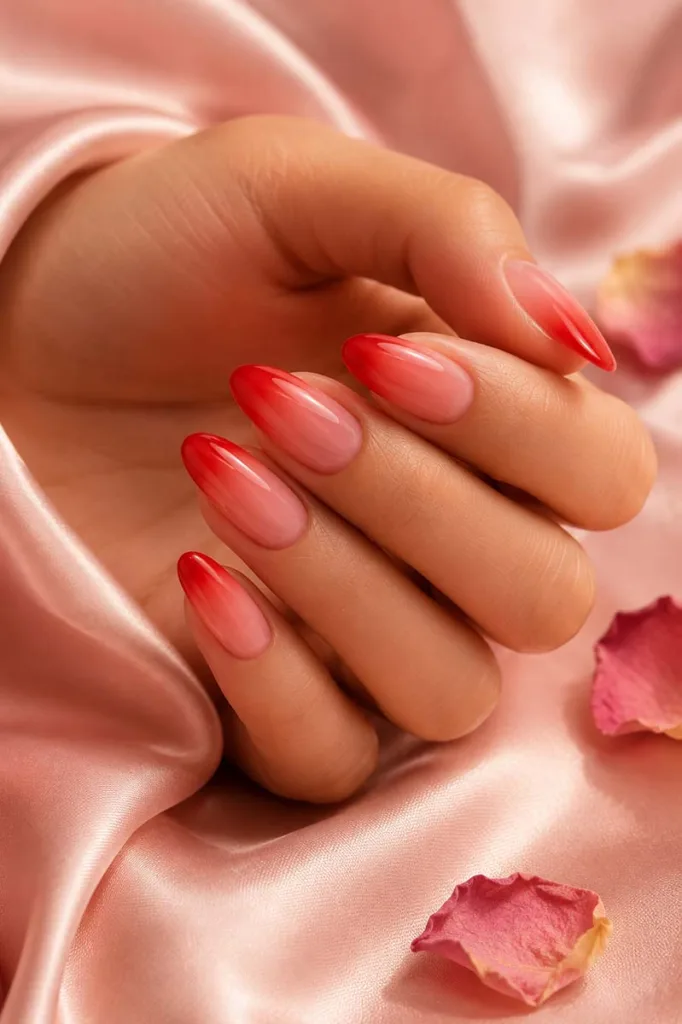 Close-up portrait of glossy almond-shaped nails featuring a seamless blush pink to vivid red ombre gradient resting on pale pink silk fabric with scattered dried rose petals and soft romantic lighting.