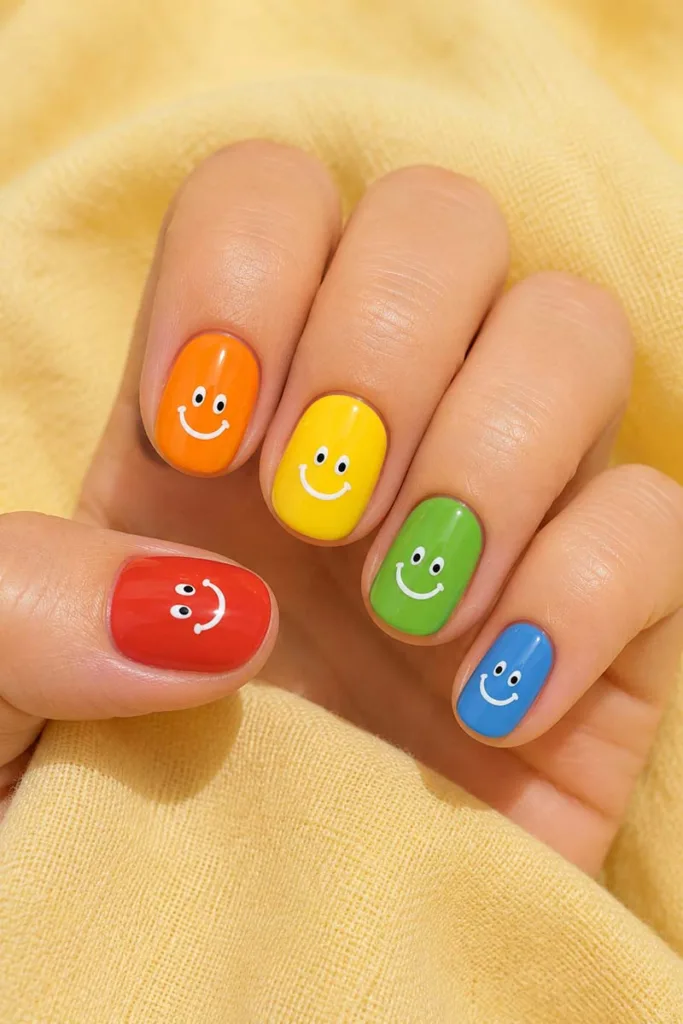 Close-up portrait of rainbow smiley face nails with red, orange, yellow, green, and blue glossy polish on short oval nails resting on pastel yellow fabric.
