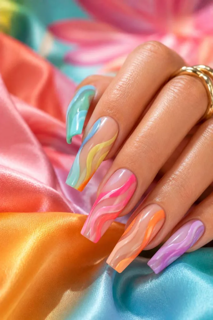 Vibrant portrait close-up of long coffin nails with abstract rainbow swirl nail art in aqua blue, coral orange, pink, yellow, and lilac for summer nail design ideas 2026.