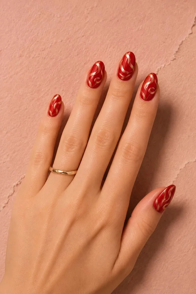 Close-up portrait of glossy almond-shaped red nails featuring hand-painted rose gold swirl designs resting on a textured blush pink surface under warm studio lighting.
