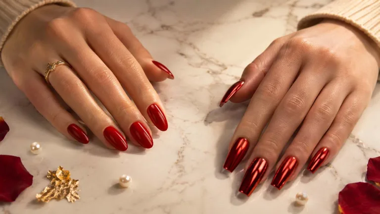 Two elegant hands showcasing red nail theory with glossy cherry red almond nails and chrome red coffin nails resting on a white marble surface with rose petals and pearl accents