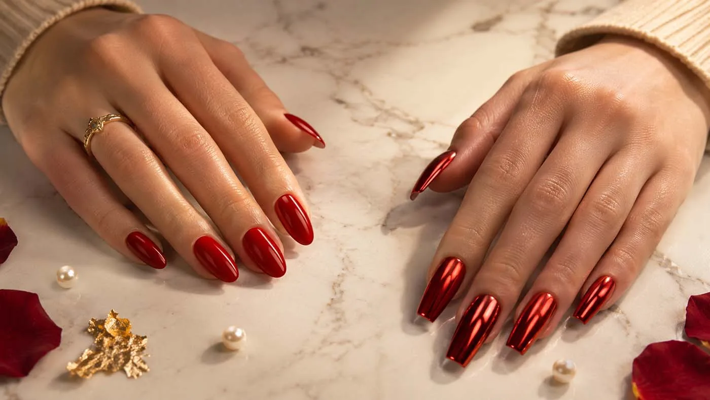 Two elegant hands showcasing red nail theory with glossy cherry red almond nails and chrome red coffin nails resting on a white marble surface with rose petals and pearl accents