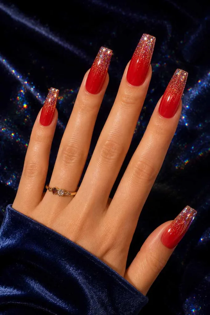 Close-up portrait of medium coffin nails with vivid red polish fading into holographic glitter tips against a dark navy velvet background with sparkling rainbow light reflections and dramatic lighting.