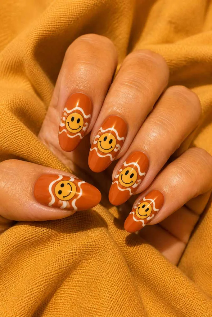 Close-up portrait of burnt orange almond-shaped smiley face nails with retro white wavy line nail art resting on mustard yellow fabric under warm amber lighting.