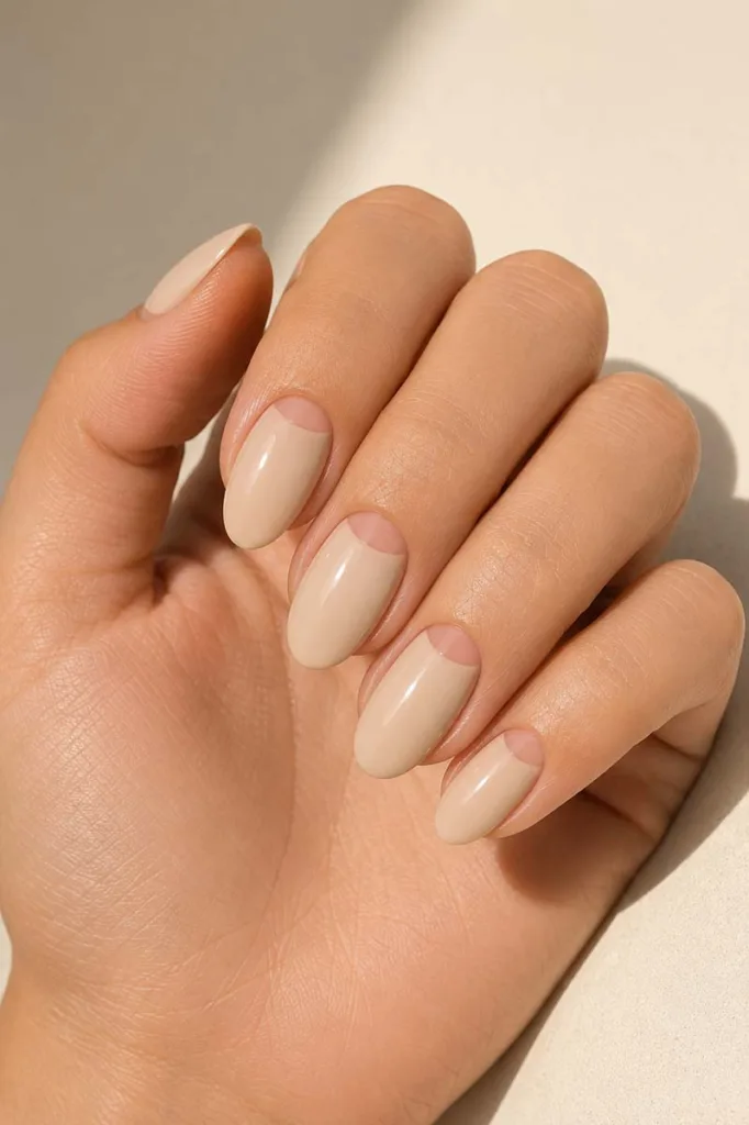 Close-up portrait of a hand with medium oval nails featuring bare crescent-shaped lunulas and soft neutral polish resting on a warm ivory surface with gentle side lighting highlighting the clean nail design.