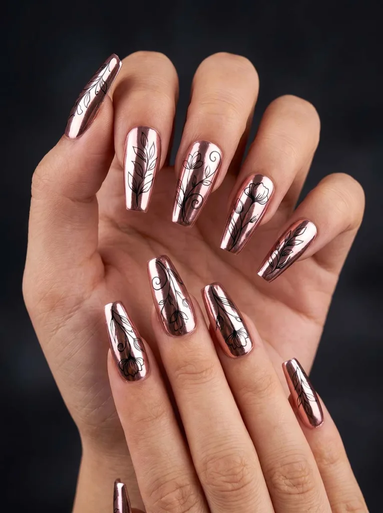 Coffin-shaped rose chrome mirror finish nails with fine black gel liner botanical leaf and flower silhouette outlines on each nail