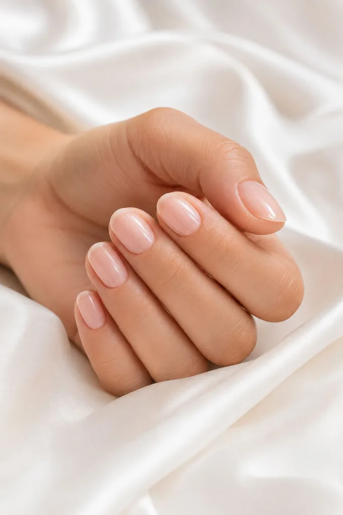 Close-up portrait of a hand with short oval nails in a translucent blush pink polish resting on soft white silk fabric with airy natural lighting and delicate folds in the background.