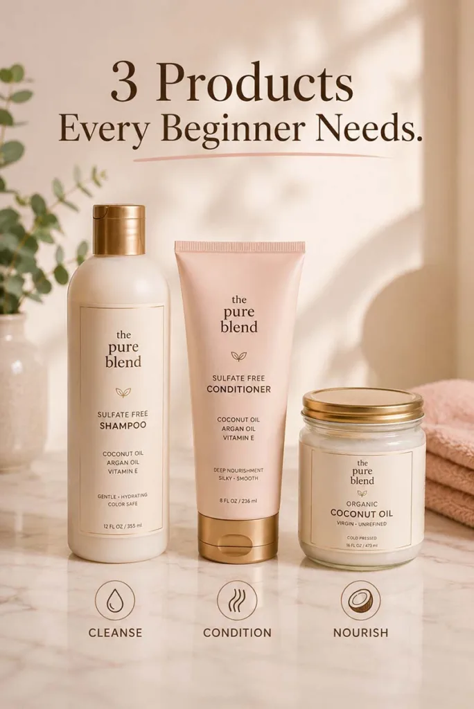 A flat lay of three beginner hair care essentials — sulfate-free shampoo, hydrating conditioner, and a glass jar of coconut oil — arranged on a marble surface for a simple hair care routine for beginners.