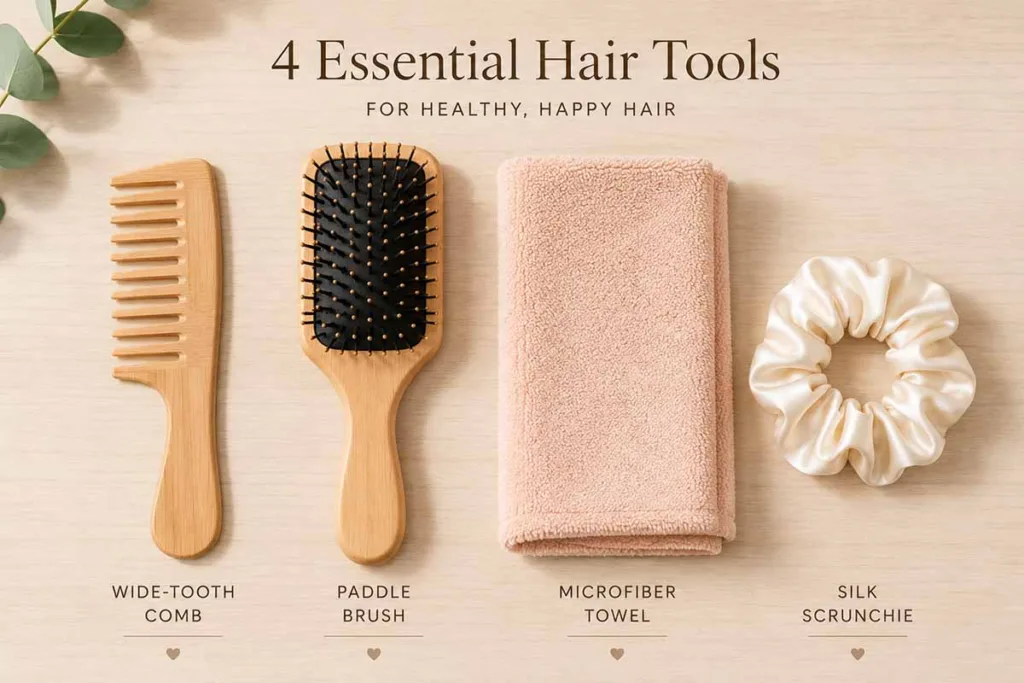 Four essential beginner hair care tools laid out in a clean row — a wide-tooth comb, paddle brush, microfibre towel, and silk scrunchie — are recommended for anyone building a simple hair care routine for beginners.