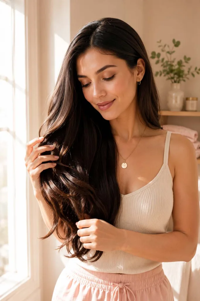 A young woman with healthy, shiny hair combing through her smooth strands at a bright vanity mirror as part of her simple hair care routine for beginners.