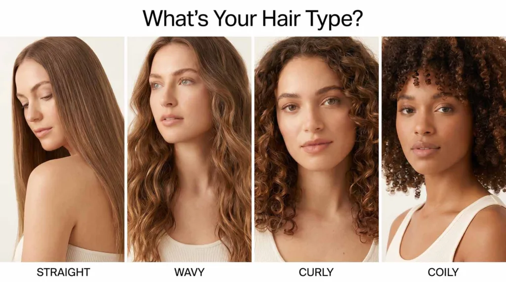 A four-panel hair type guide showing straight, wavy, curly, and coily hair textures side by side to help beginners identify their hair type before starting a simple hair care routine.