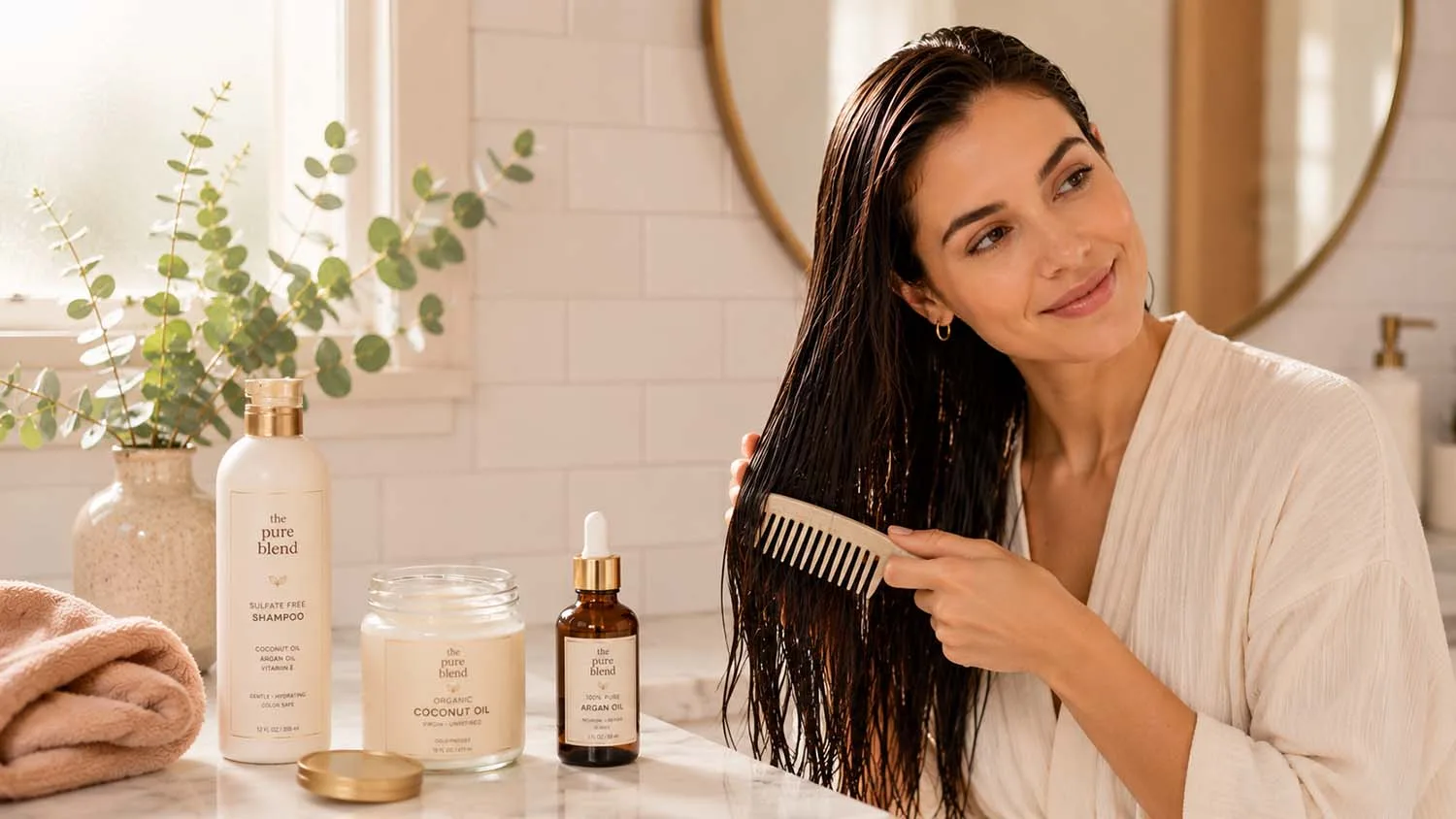 A young woman following a simple hair care routine for beginners, combing smooth and shiny hair at a bright vanity with coconut oil, argan oil, shampoo, and a microfiber towel arranged on the counter.