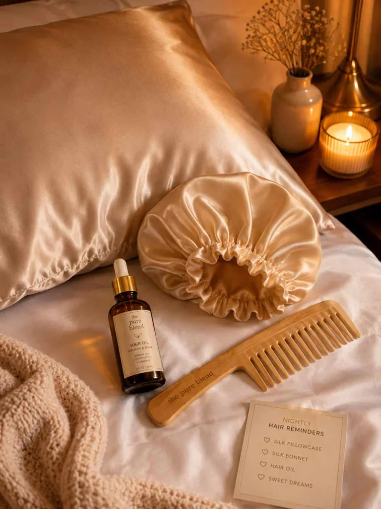 A cozy bedroom flat lay featuring a satin pillowcase, silk bonnet, wide-tooth comb, and a small bottle of hair oil — the essential nighttime steps in a simple hair care routine for beginners.