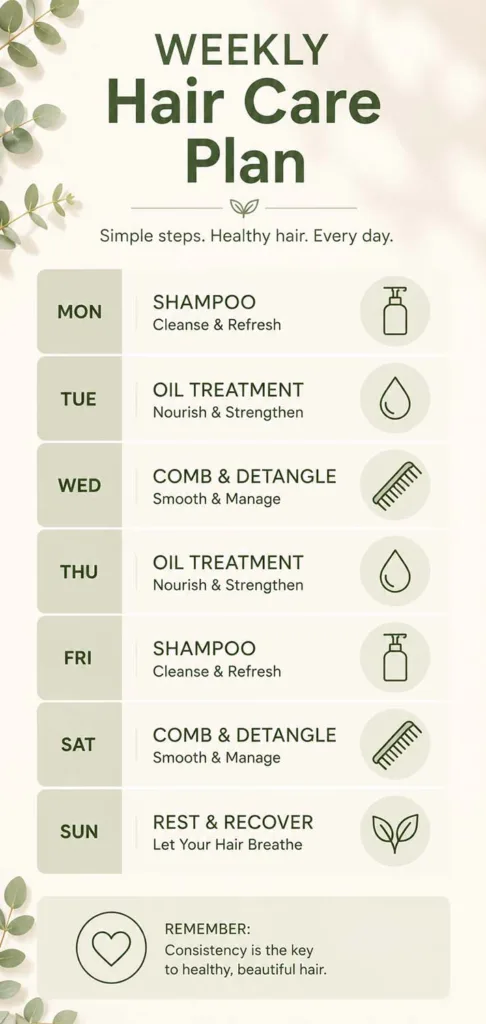 A clean vertical weekly hair care schedule infographic showing wash days, oiling days, and daily gentle brushing habits for anyone starting a simple hair care routine for beginners.