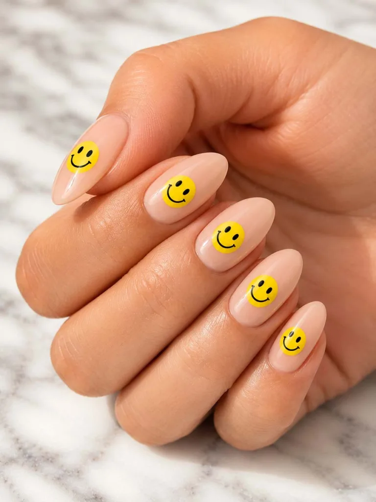 Close-up of nude almond-shaped nails with yellow smiley face nail art on every nail over a white marble background with glossy finish and soft natural lighting.
