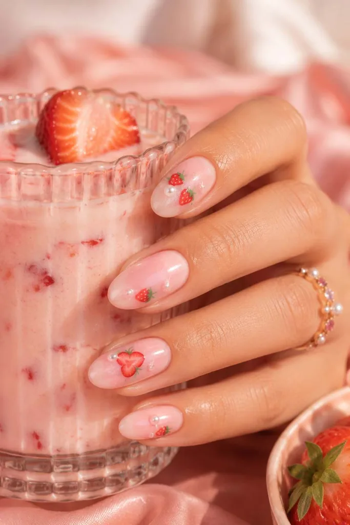 Soft portrait close-up of creamy pastel pink oval nails with tiny strawberry accents and pearl details holding a strawberry milk drink for summer nail design ideas 2026.