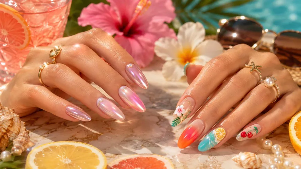 Luxury featured image for summer nail design ideas 2026 featuring glossy chrome nails, tropical nail art, jelly gradients, floral accents, and beach-inspired manicure designs on elegant feminine hands.