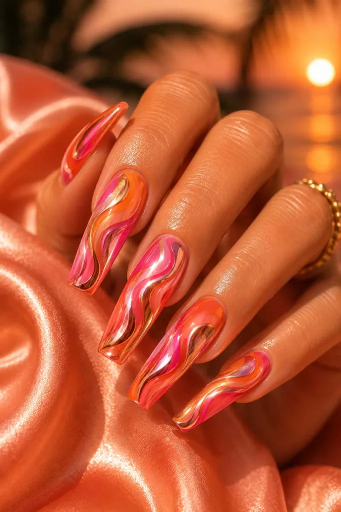 Close-up portrait of glossy coral orange and hot pink chrome swirl coffin nails with reflective metallic details for summer nail design ideas 2026.