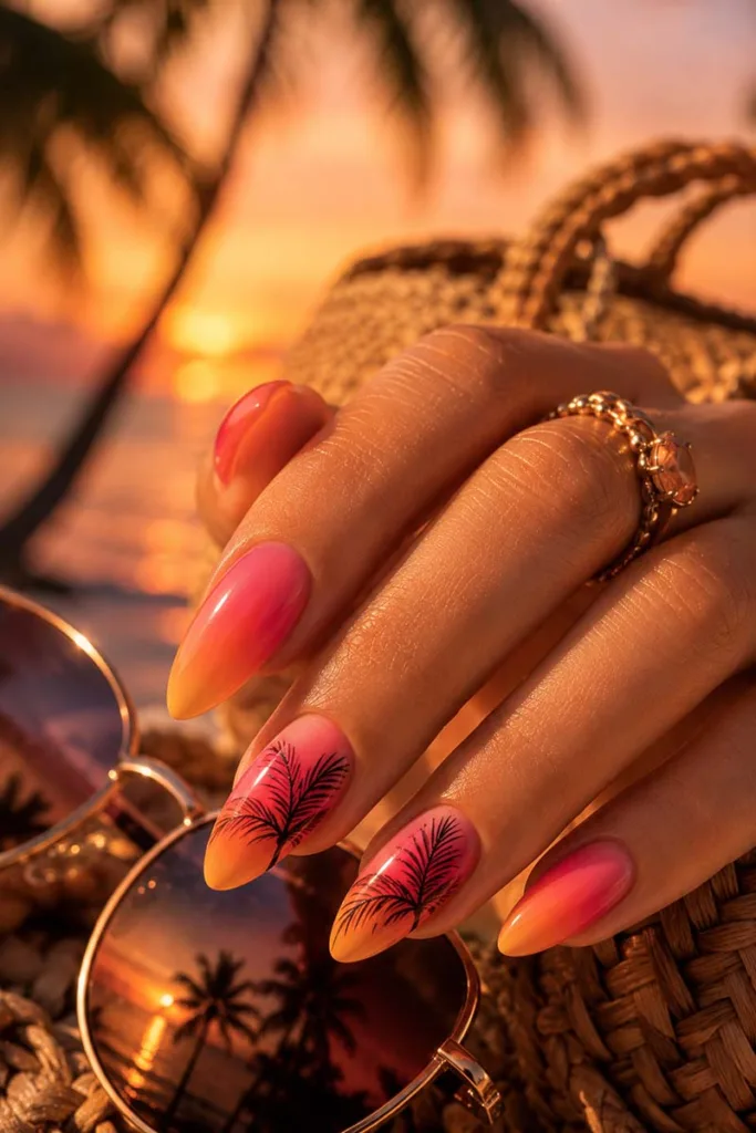 Cinematic portrait of coral orange and pink sunset ombre almond nails with black palm leaf nail art beside beach accessories for summer nail design ideas 2026.