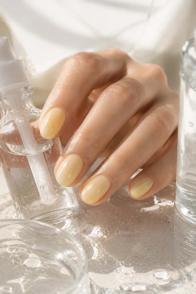 Close-up portrait of short oval translucent butter yellow jelly nails with a glossy glass-like finish beside clear skincare bottles and reflective wet surfaces.