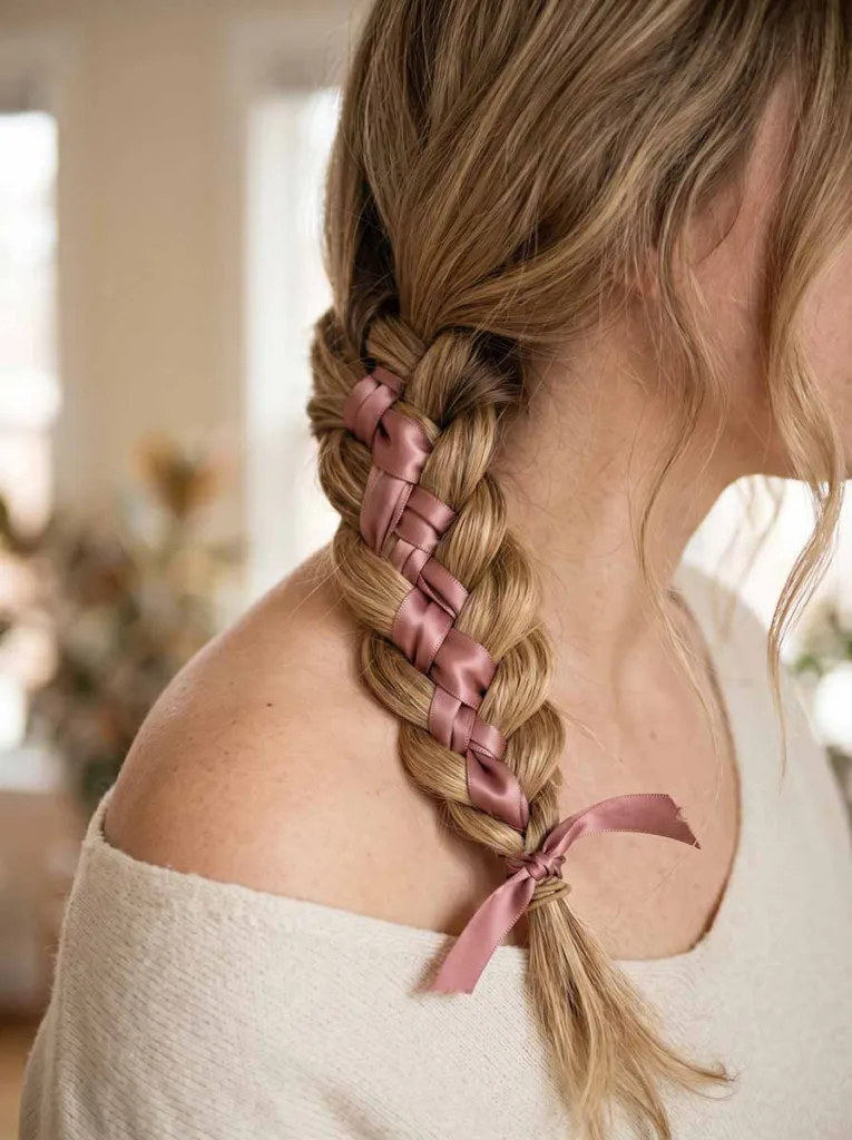 ribbon braid hairstyle for long hair — coquette trending style 2026 Pinterest