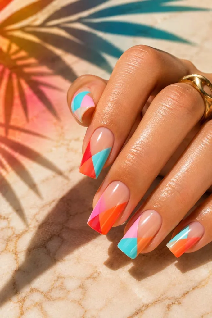 Modern portrait close-up of square nails with glossy geometric color-block nail art in aqua blue, coral orange, pastel pink, and cherry red for summer nail design ideas 2026.