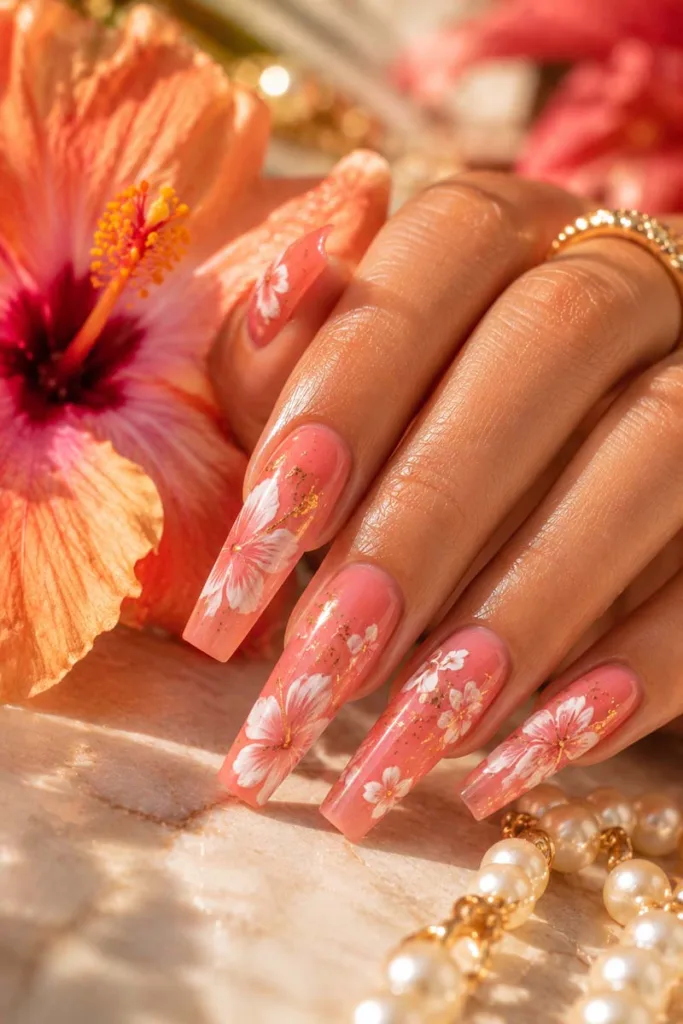 Luxury portrait close-up of glossy coral pink coffin nails with white tropical flower nail art and gold foil details beside hibiscus flowers for summer nail design ideas 2026.