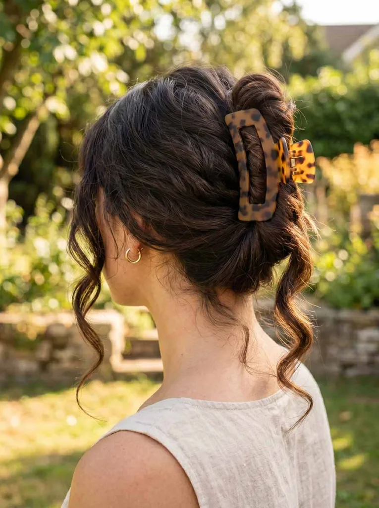 twisted claw clip updo for long thick hair — easy 2-minute no-heat style