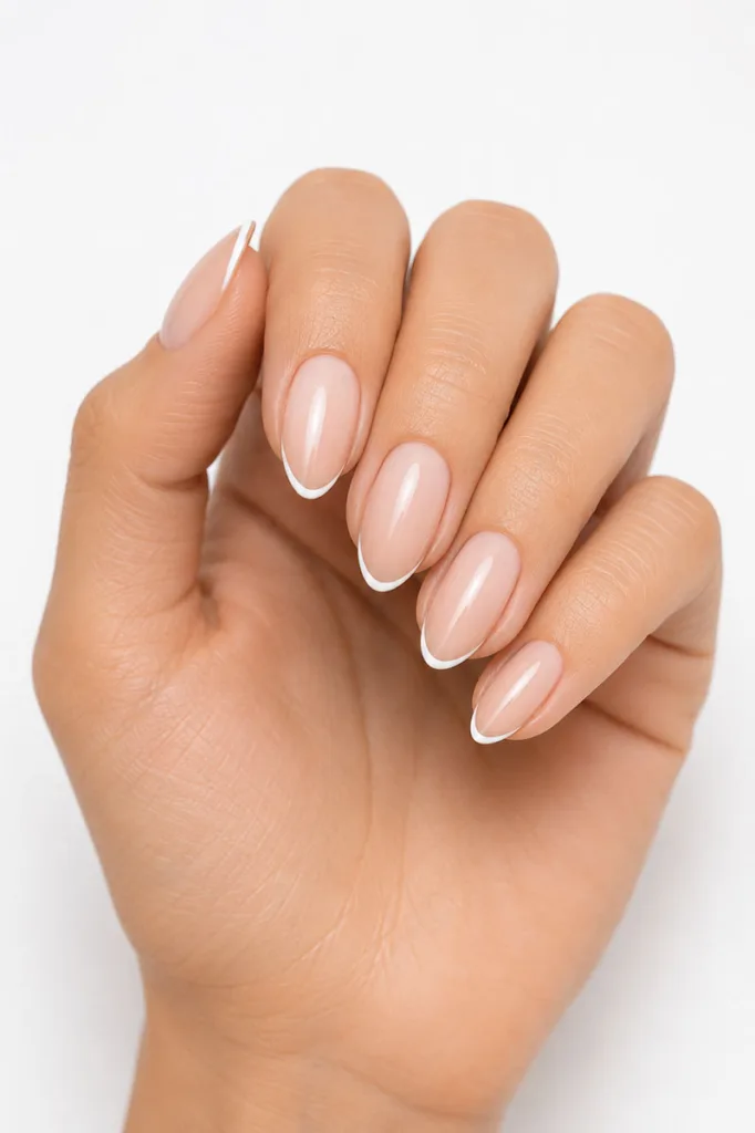 Close-up portrait of a hand with medium almond-shaped nails featuring sheer nude polish and ultra-thin white French tips against a clean white background with bright even lighting.