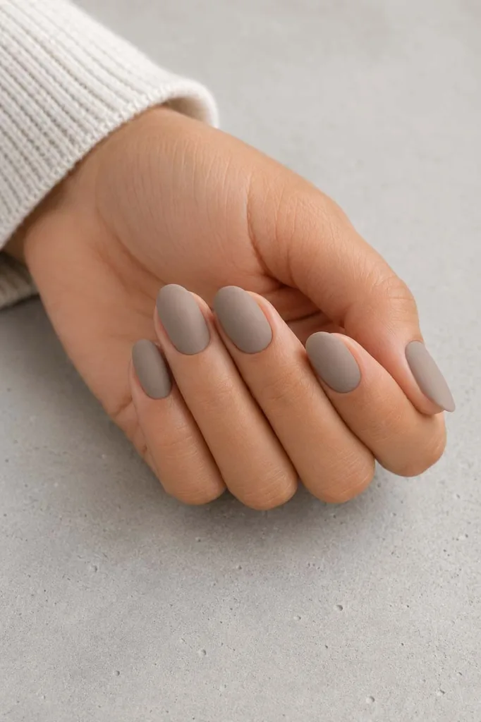 Close-up portrait of a hand with medium-length oval nails painted in a warm grey-beige matte polish resting on a smooth cool grey concrete surface under soft diffused side lighting.