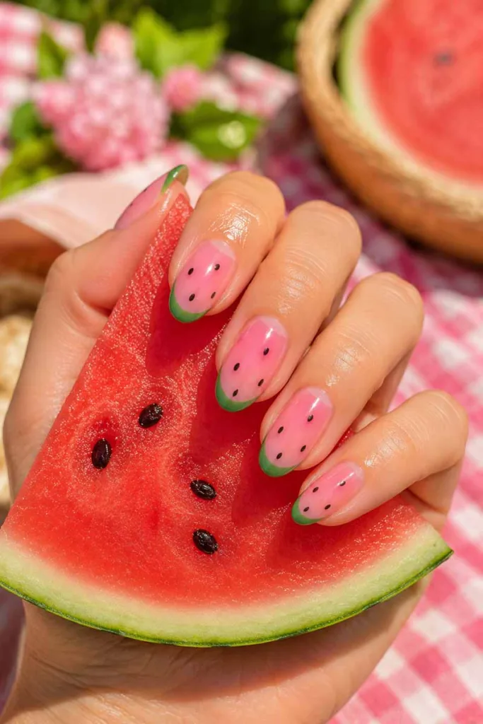 Portrait beauty shot of pink jelly watermelon-inspired nails with glossy green French tips and seed accents holding a fresh watermelon slice for summer nail design ideas 2026.