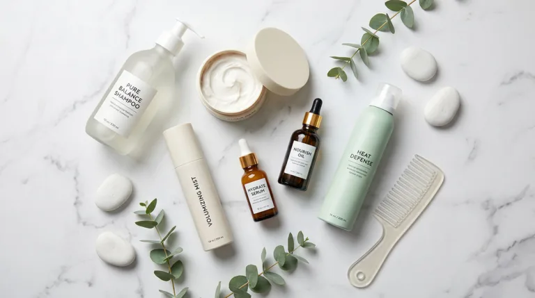 seven useful hair care products for healthy hair arranged on a marble bathroom shelf