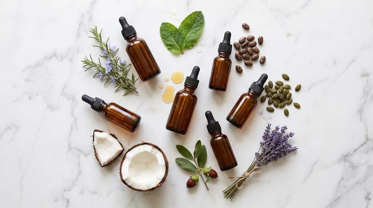 seven hair growth oils including rosemary peppermint castor pumpkin seed coconut jojoba and lavender arranged on marble with fresh botanicals